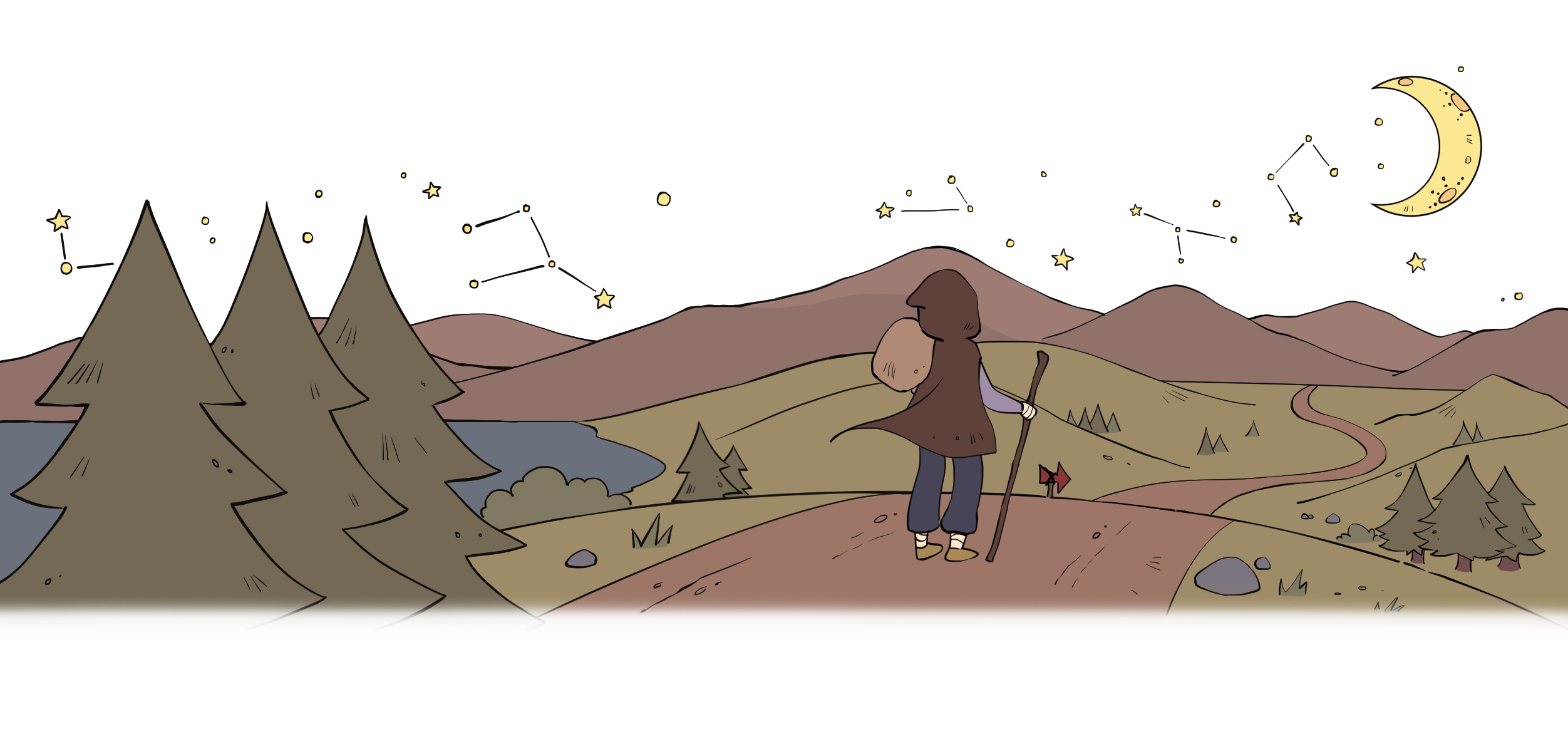 A lone traveler pauses on a hillside path beneath a crescent moon and constellations at dusk.